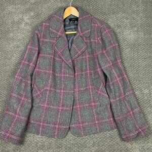 Talbots Wool Blend Blazer Jacket Women's 18 Gray Pink Windowpane Plaid Tweed